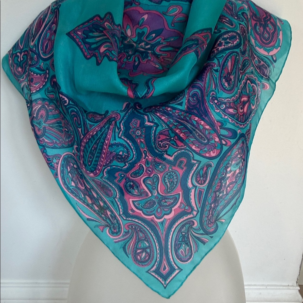 VTG Dunhill Italy Silk Paisley Scarf - Hand Rolled Teal Purple Magenta